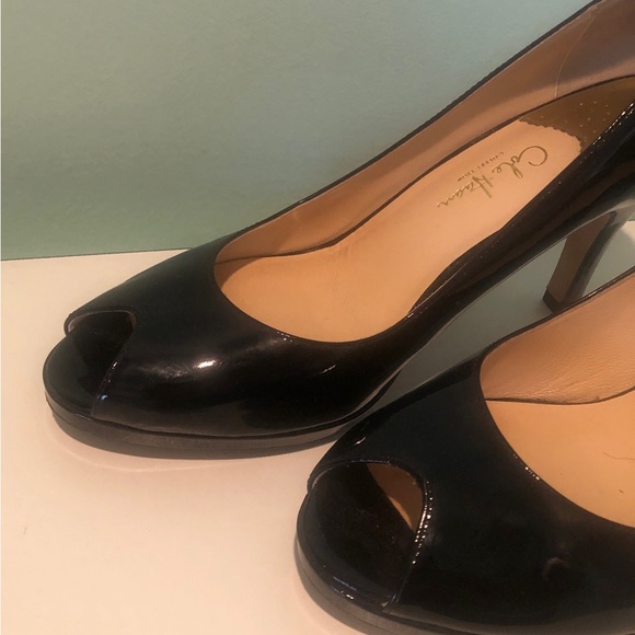 Cole Haan Collection Black Patent Leather Peep Toe High Heels Size 9 No Box Used - Picture 3 of 8